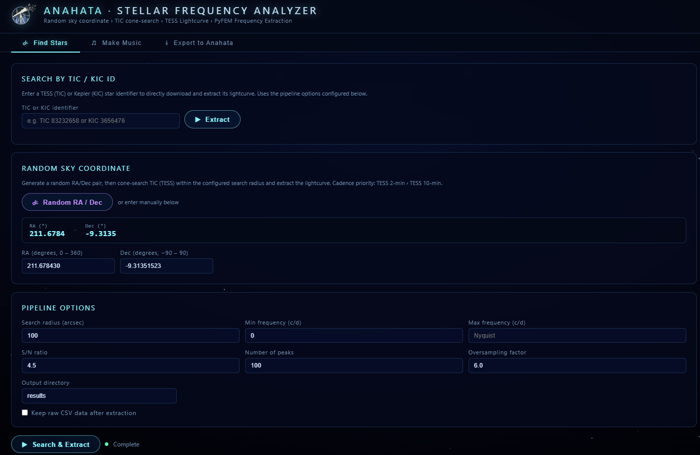 Stellar Frequency Analyser - Find Stars tab